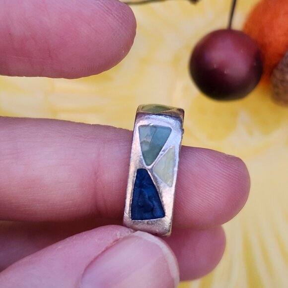 Vintage 1970's Artisan Made Sterling Silver Geometric Square Ring with Enamel - Picture 4 of 11